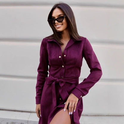 Damen Elegantes Hemdblusenkleid mit Taillengürtel und Knopfdetails Stalluxe
