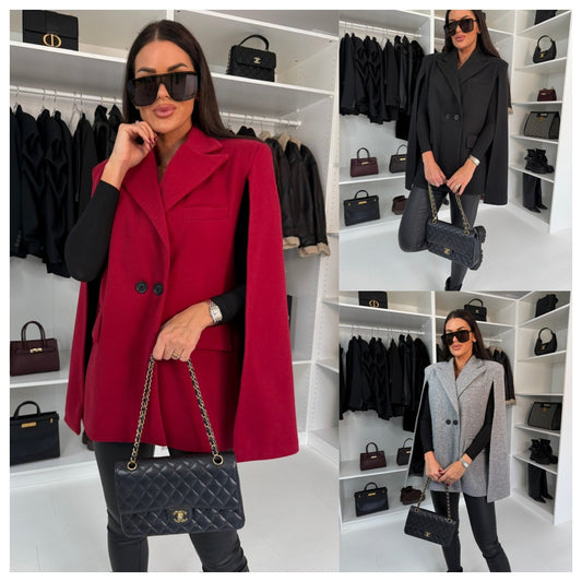 Damen Eleganter Cape-Blazer mit doppelter Knopfleiste und klaren Linien Stalluxe