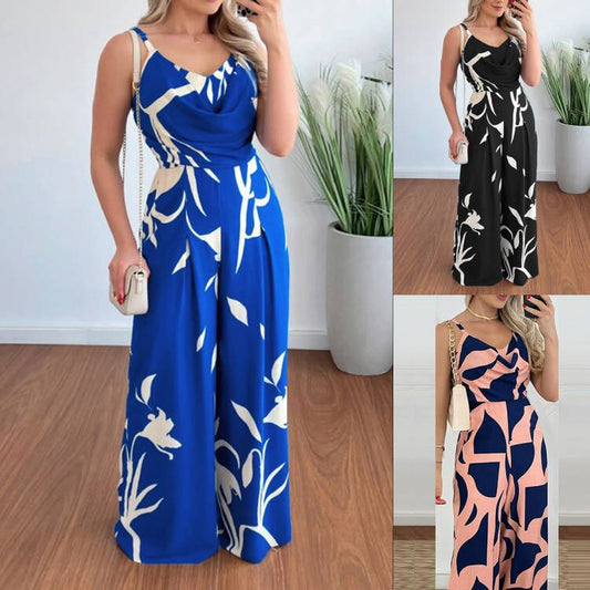 Damen Jumpsuit mit elegantem Wickeloberteil und farbenfrohem Blattdesign Stalluxe