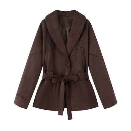Damen modische Kunstlederjacke mit tailliertem Schnitt und breitem Revers Stalluxe