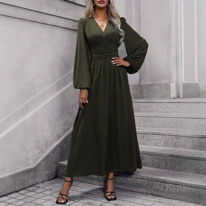 Damen elegantes Maxikleid mit V-Ausschnitt und voluminösen Puffärmeln Stalluxe