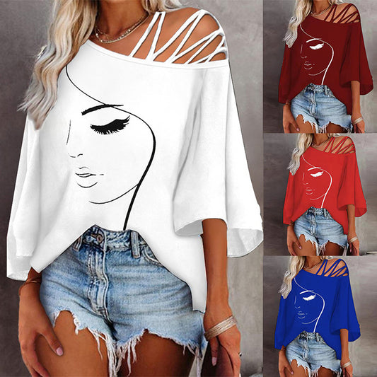 Damen Tunika mit asymmetrischem Trägerdesign und stylisierter Gesichtsgrafik Stalluxe