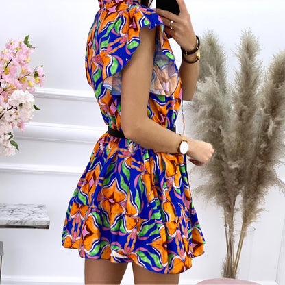 Damen Kurzes Hemdblusenkleid mit voluminösen Ärmeln und floralem Druck Stalluxe
