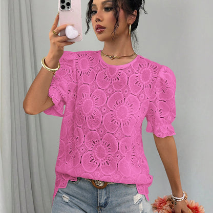 Damen Spitzenbluse mit Blumenspitze und elastischen Puffärmeln Stalluxe
