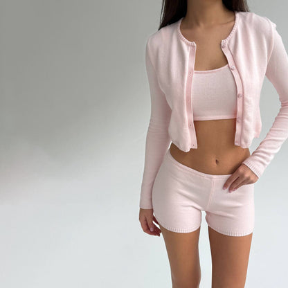 Damen Freizeit-Crop-Set mit knöpfbarem Cardigan und passendem Bustier Stalluxe