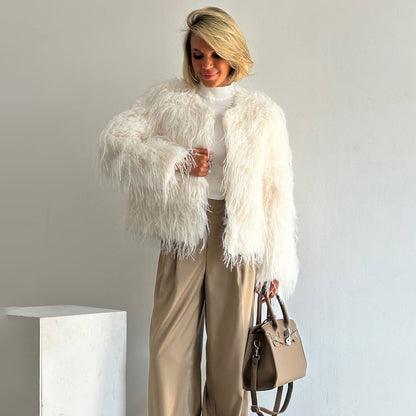 Damen Modischer Pelzimitat-Jacke mit breiten Ärmeln und lässigem Schnitt Stalluxe Weiß