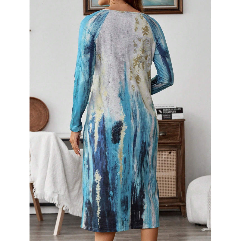 Damen Langarmkleid mit farbenfrohem, abstraktem Muster Stalluxe