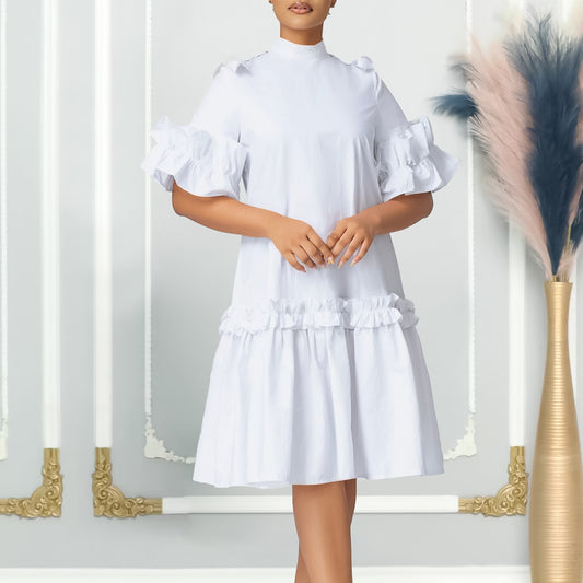Damen Rüschenkleid mit hohem Kragen und Volantärmeln Stalluxe