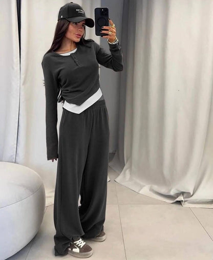 Damen gemütlicher Lounge-Anzug mit elegantem Kragen und weitem Bein Stalluxe