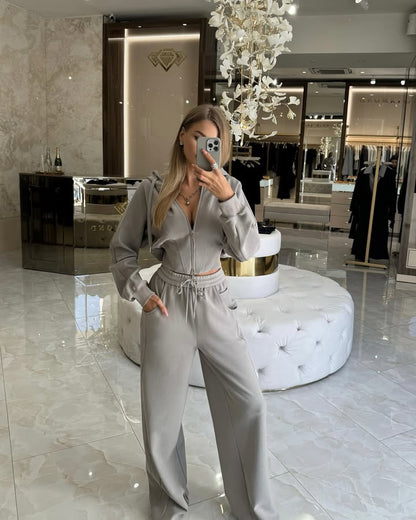 Damen eleganter Lounge-Anzug mit hohem Bund und Kängurutasche Stalluxe