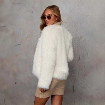 Damen kuschelige Kunstpelzjacke mit offener Front und voluminösen Ärmeln Stalluxe