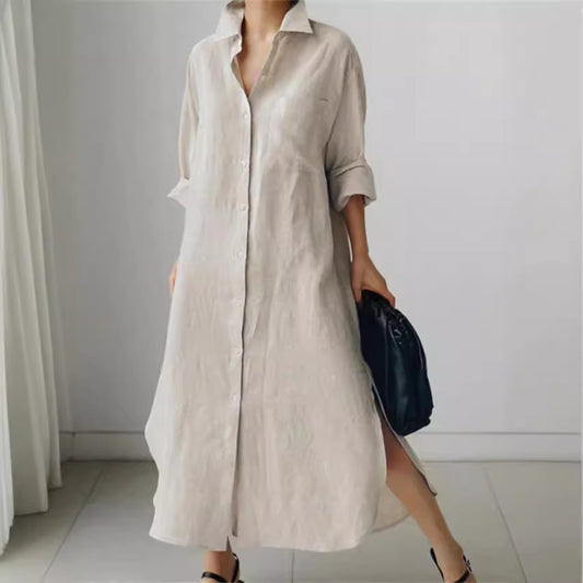 Damen Hemdblusenkleid aus leichtem Leinen mit seitlichen Schlitzen Stalluxe