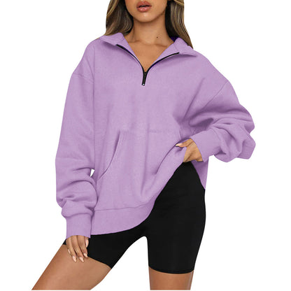 Damen Oversized Sweatshirt mit halbem Reißverschluss und Kapuze Stalluxe Lila