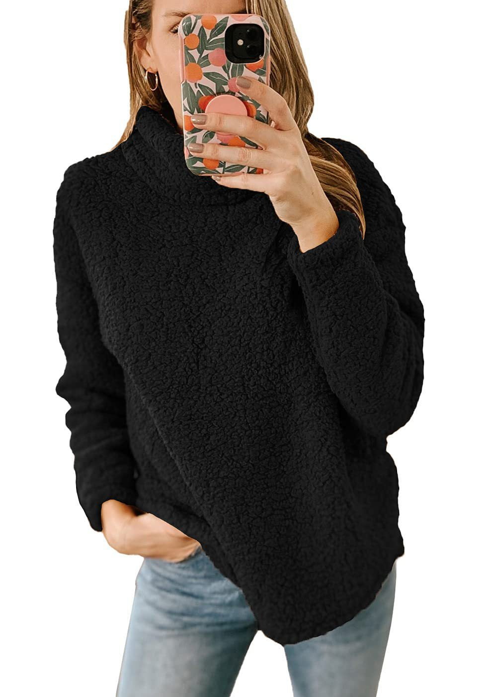 Damen Kuscheliger Sweatshirt-Pullover mit hohem Kragen und strukturiertem Fleece Stalluxe Schwarz