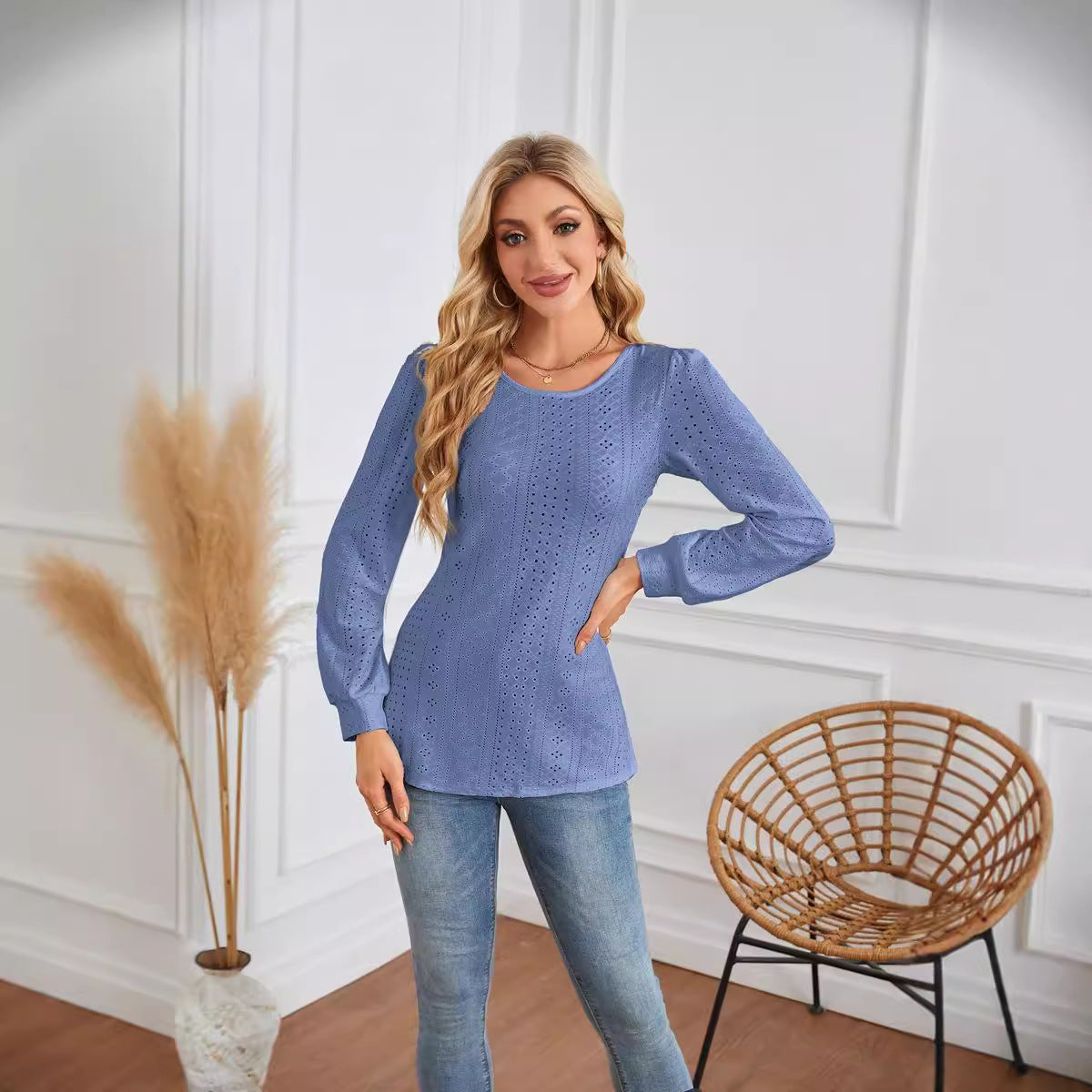 Damen Bluse mit luftigen Lochmustern und eleganten Puffärmeln Stalluxe
