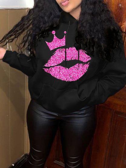 Damen Kapuzensweatshirt mit auffälligem Lippenmotiv und Krone Stalluxe
