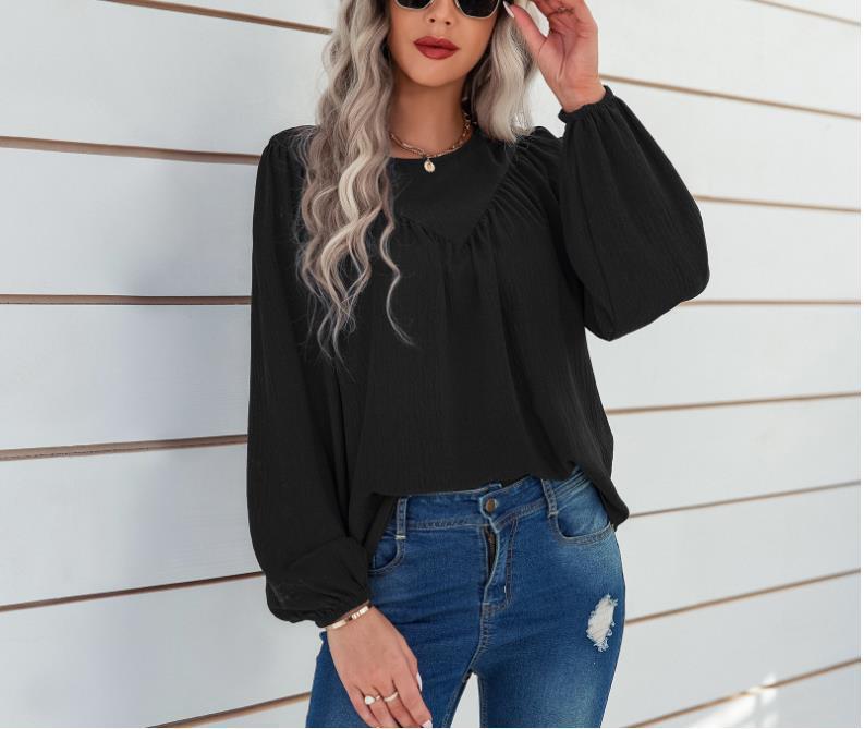 Damen lässiges Blusenshirt mit weit ausgestellten Ärmeln und feiner Rippstruktur Stalluxe