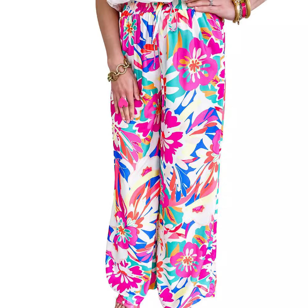 Damen Weit geschnittene Freizeithose mit buntem Blumenmuster und elastischem Bund Stalluxe