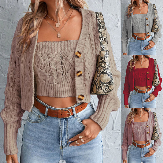 Damen lässiges Strick-Set mit offener Jacke und Crop-Top Stalluxe