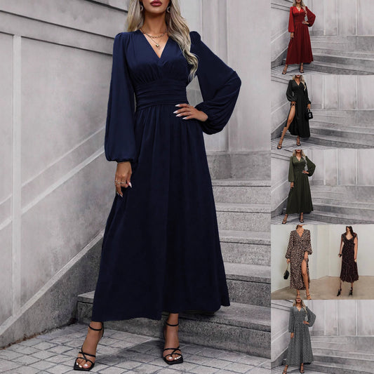 Damen elegantes Maxikleid mit V-Ausschnitt und voluminösen Puffärmeln Stalluxe