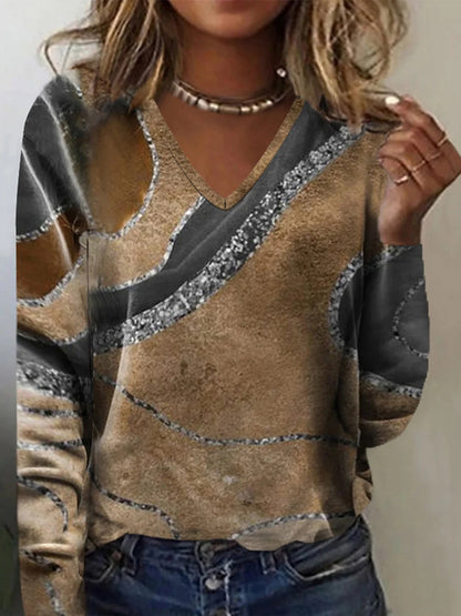 Damen V-Ausschnitt Langarmshirt mit modernem Wellendesign Stalluxe
