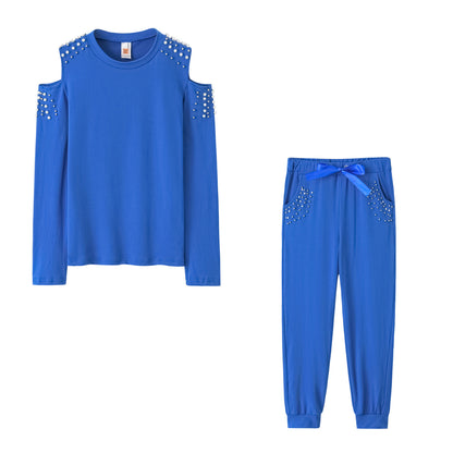 Damen Freizeit-Loungewear-Set mit dekorativen Nieten und besonderen Schulterdetails Stalluxe