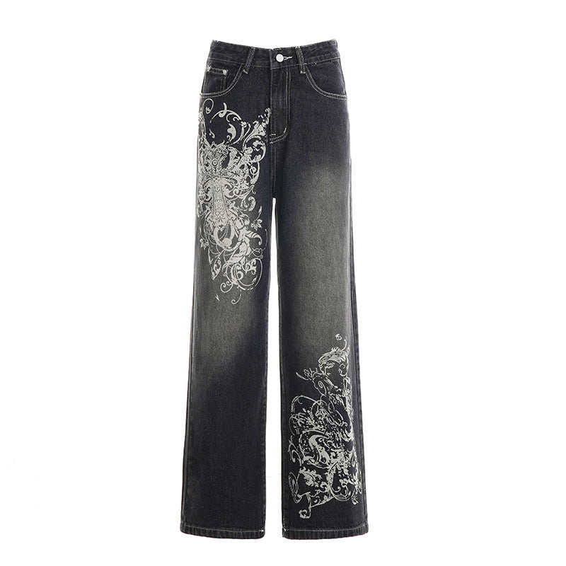 Damen weite Jeans mit kunstvollem Druck Stalluxe