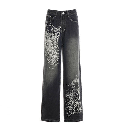 Damen weite Jeans mit kunstvollem Druck Stalluxe