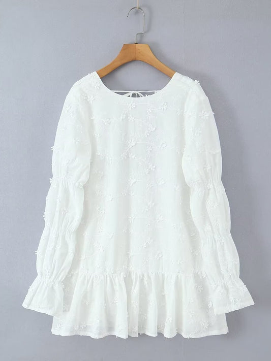 Damen luftiges Tunika-Kleid mit floralen Stickereien und Rüschensaum Stalluxe