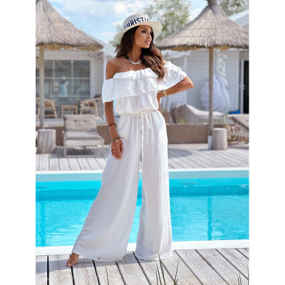 Damen Eleganter Off-Shoulder Jumpsuit mit weitem Bein und Rüschendetails Stalluxe