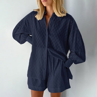 Damen lässiges Oversized Hemd mit Struktur und kurzen Hosen Stalluxe
