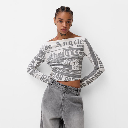 Damen Crop-Top mit kreativem Schriftdesign und weitem Schnitt Stalluxe