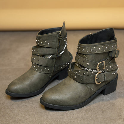 Damen modische Stiefeletten mit verzierten Riemen und Kettenelementen Stalluxe