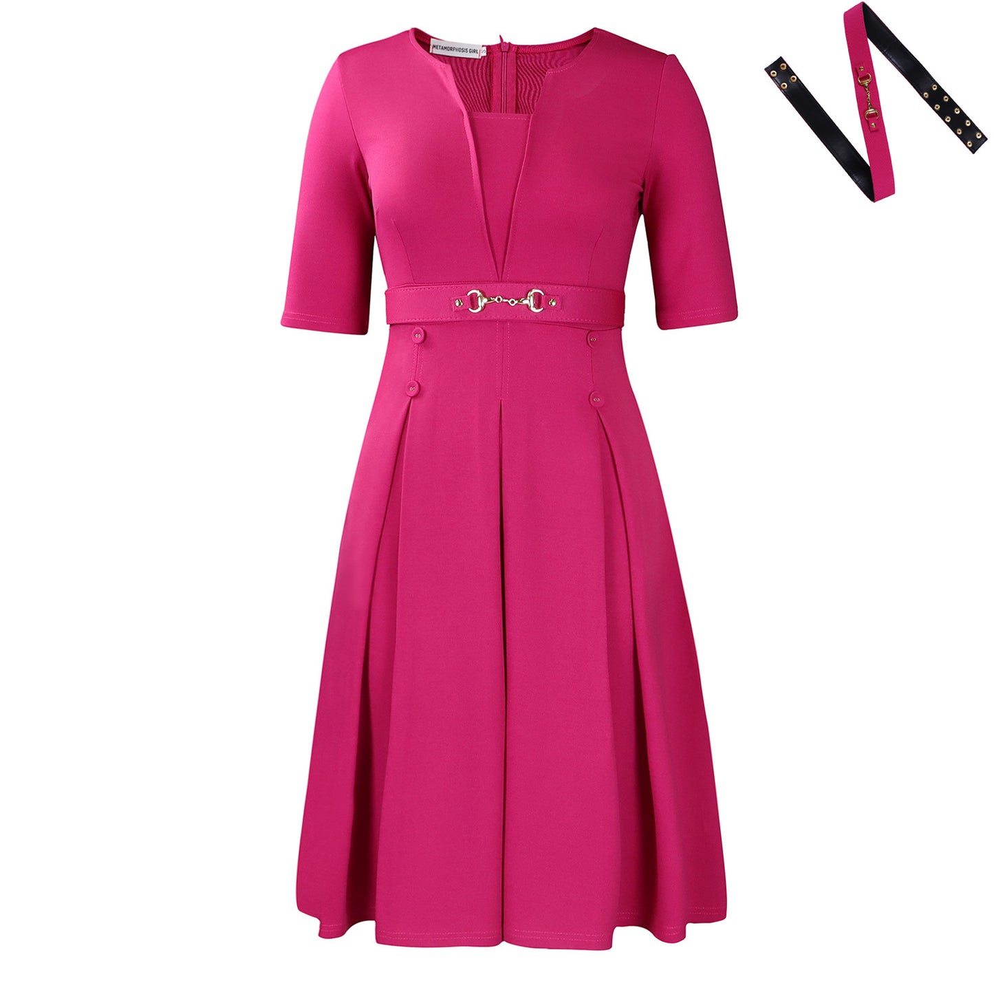 Damen Elegantes Midikleid mit figurschmeichelndem Schnitt und dekorativem Gürtel Stalluxe Fuchsie