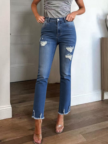 Damen Ripped Denim-Hose mit fransigen Saumdetails und hohem Bund Stalluxe