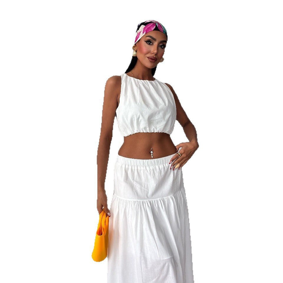 Damen Cropped Top und Maxi-Rock Set mit elastischem Bündchen und Volant Stalluxe