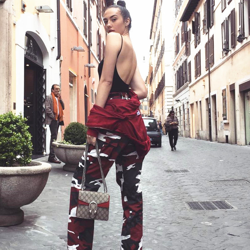 Damen Camouflage Sporthose mit Elastischem Bund und seitlichen Taschen Stalluxe
