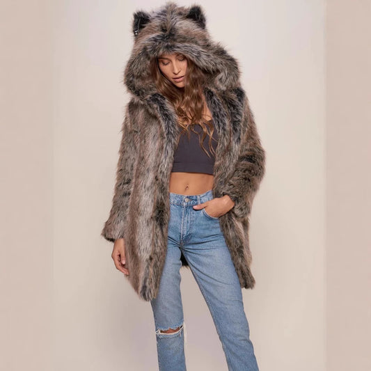 Damen Hooded Faux-Fur-Mantel mit Ohrenschützer Stalluxe