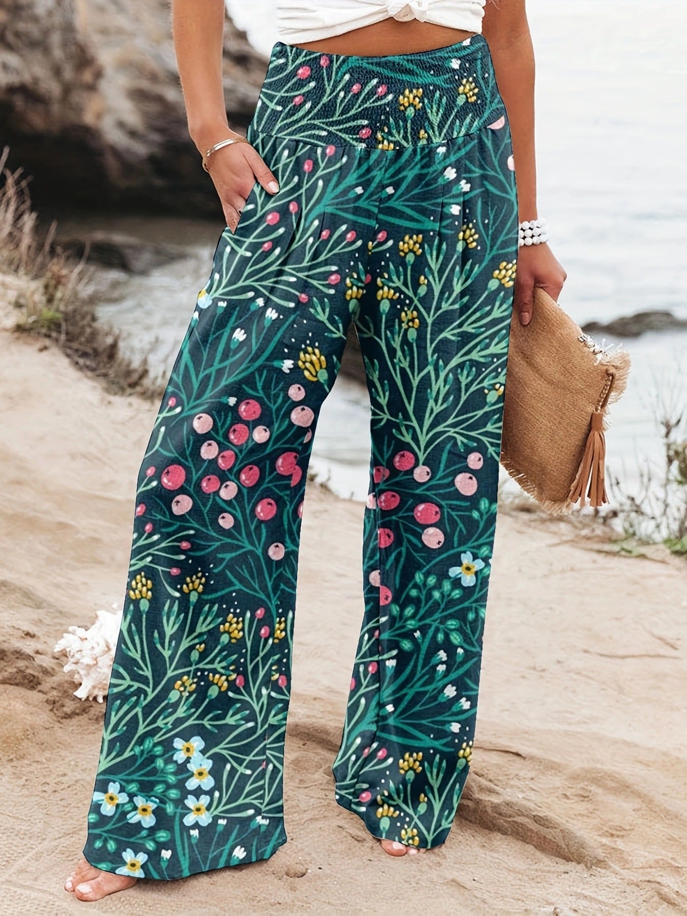 Damen Weit geschnittene Sommerhose mit floralem Print und elastischem Bund Stalluxe