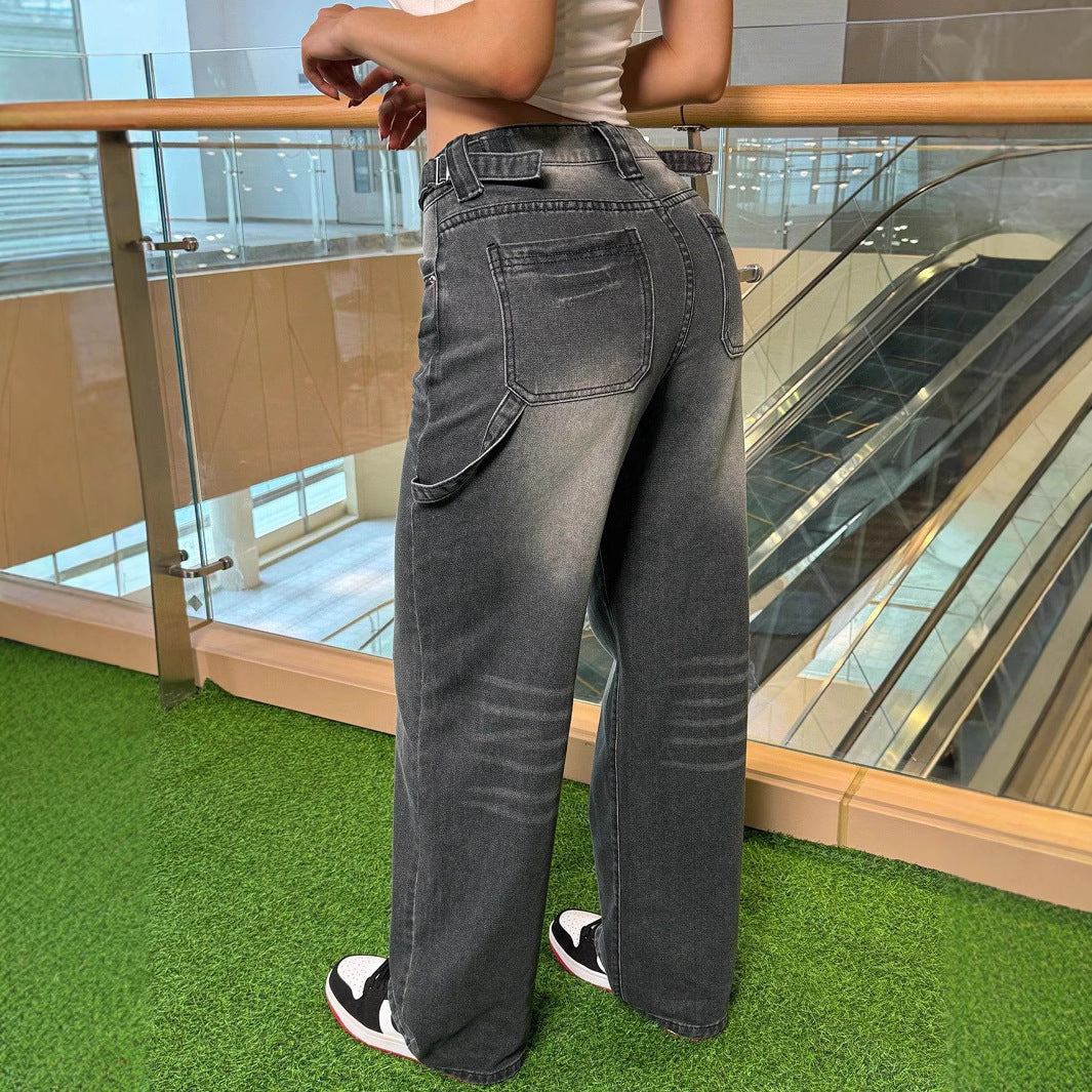 Damen Hoch taillierte weit geschnittene Jeanshose mit Vintage-Waschung Stalluxe