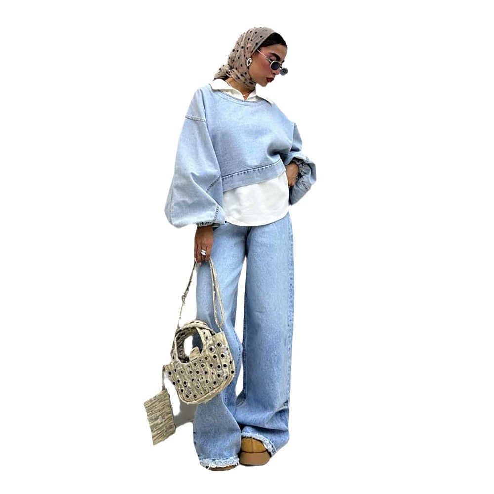 Damen Oversized Denim-Look Pullover mit voluminösen Ärmeln Stalluxe