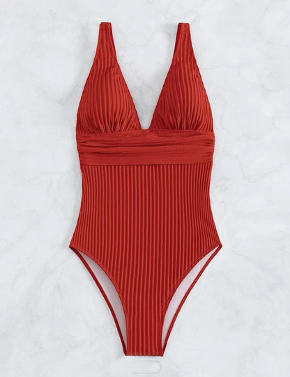 Damen Einteiler Badeanzug mit raffiniertem Rippendesign und tiefem V-Ausschnitt Stalluxe