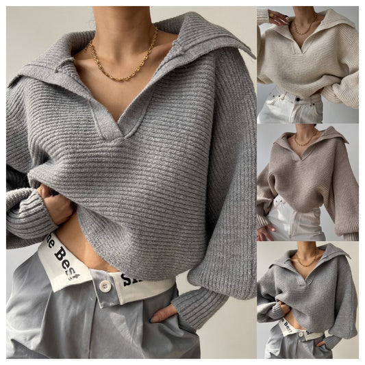Damen cropped Strickpullover mit weitem Schnitt und angesagtem Kragen Stalluxe