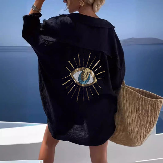 Damen Langarm-Hemdjacke mit auffälligem Augenprint Stalluxe