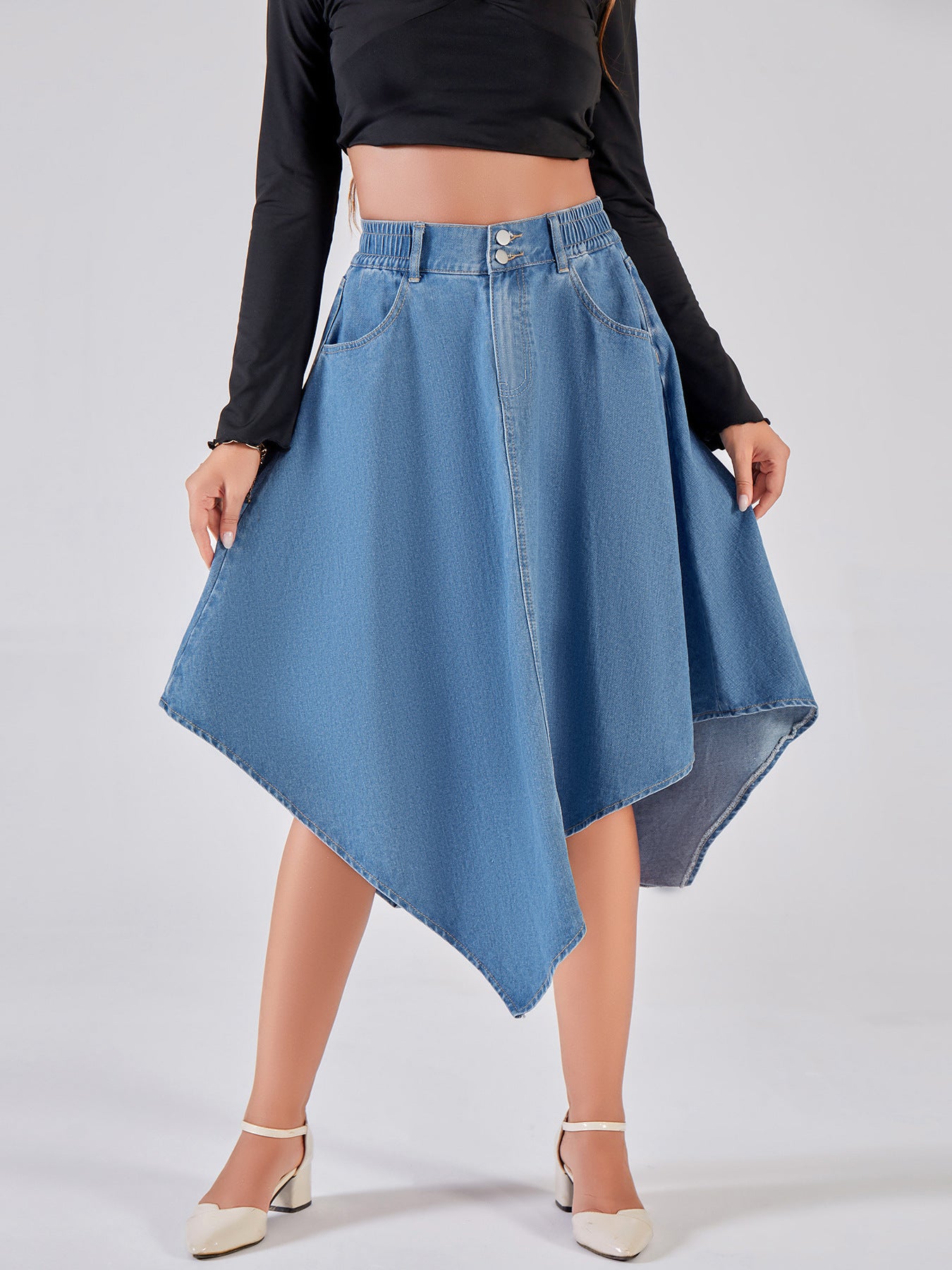 Damen asymmetrischer Denim-Rock mit attraktivem Saumdesign Stalluxe