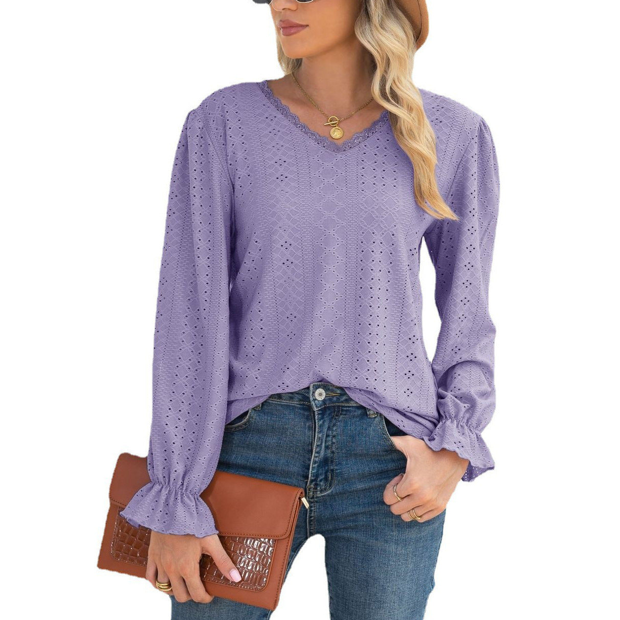 Damen Blusenshirt mit Lochmuster und elastischen Ärmelbündchen Stalluxe