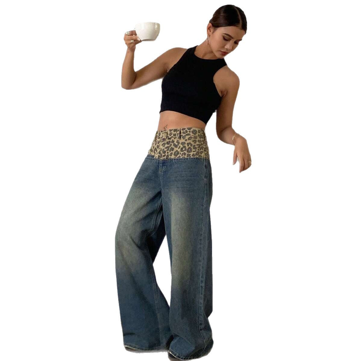 Damen Weit geschnittene Jeans mit Leopard-Hochbund Stalluxe