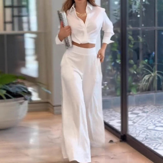 Damen elegantes Set aus cropped Bluse und weitem Hose Stalluxe