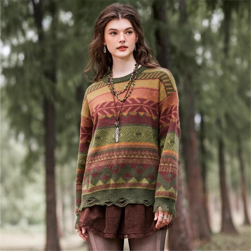 Damen Gemusterter Pullover im Boho-Stil mit fransigem Saum Stalluxe