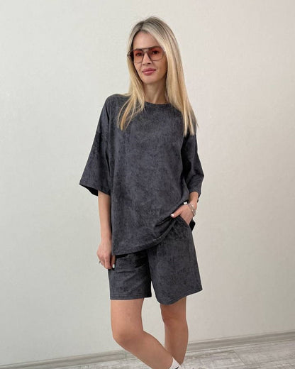 Damen lässiges Kurzarm-Set aus weichem Material mit bequemen Shorts Stalluxe